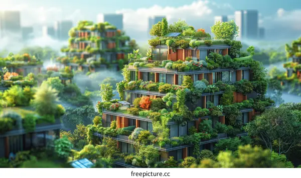 Green City Buildings Covered With Plants And Trees