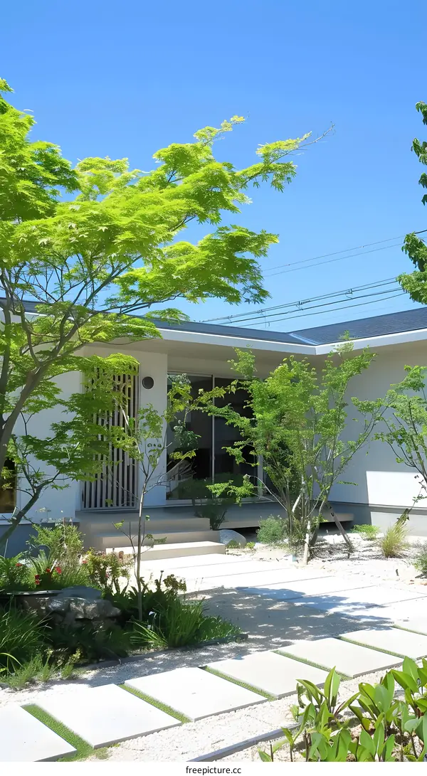 Modern House with Green Trees and Stone Pathway in Japan