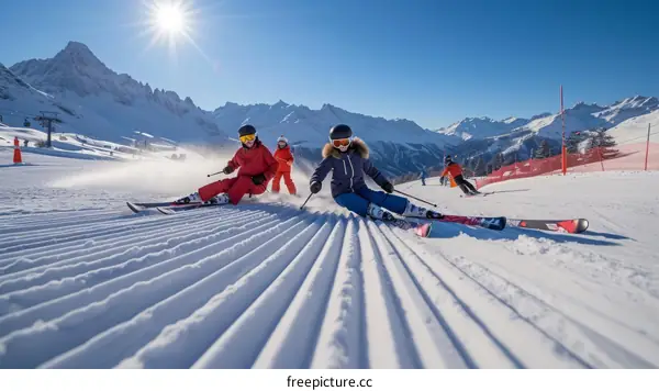 Skiing down a slope in the Alps with Mont Blanc in the distance