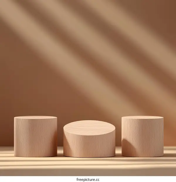 Wooden Cylindrical Display Podiums in Beige Background