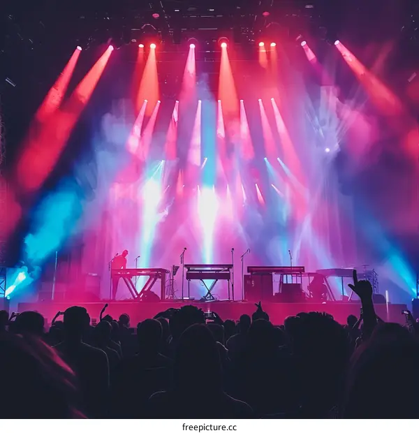 The crowd at a concert is lit up by the stage lights.