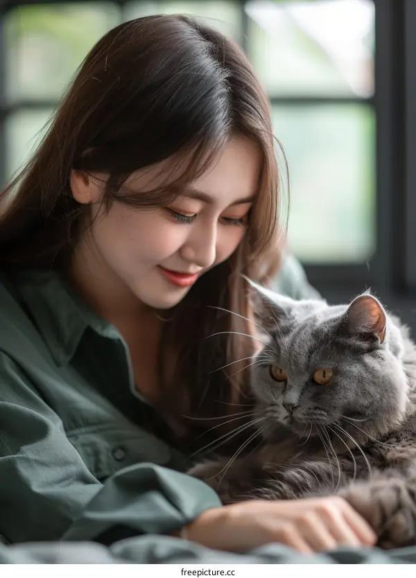 A young woman is sitting on a bed with a gray cat