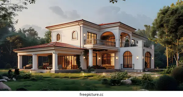 Modern White Mansion with Red Roof in the Woods