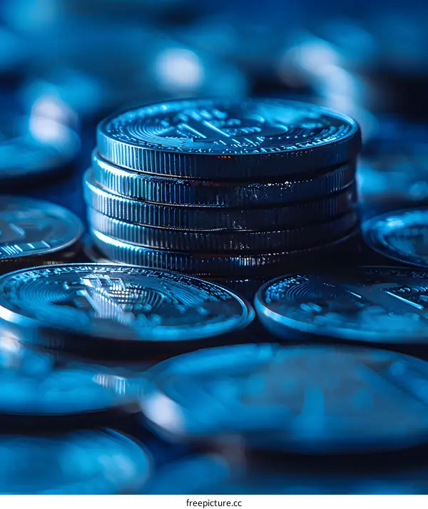 Stack of silver coins in blue light
