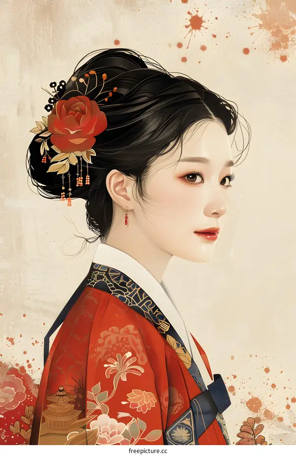 A digital painting of a young woman in a red traditional Korean dress, hanbok.