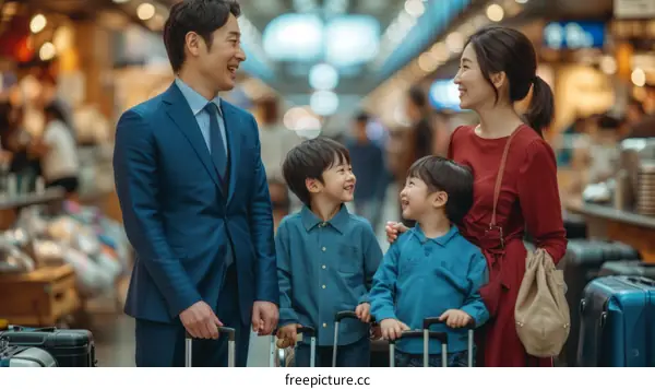 Happy family of four at the airport ready to go on vacation