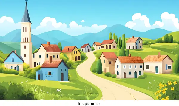 Winding Road Through a Picturesque Village in the Hills