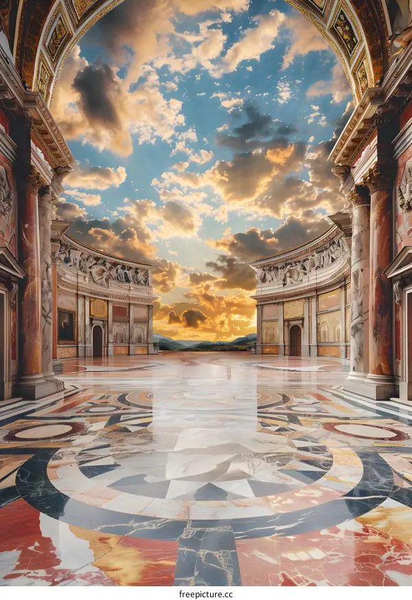 Marble Floor With Columns And Sunset Sky