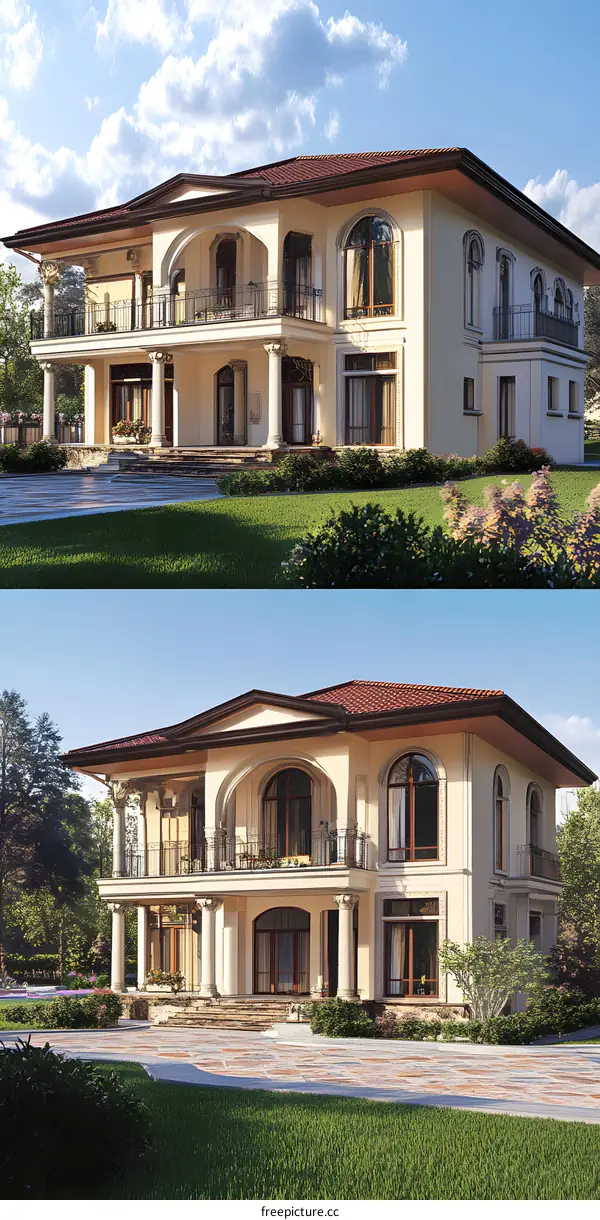 Luxury Villa Exterior with Balconies and Columns