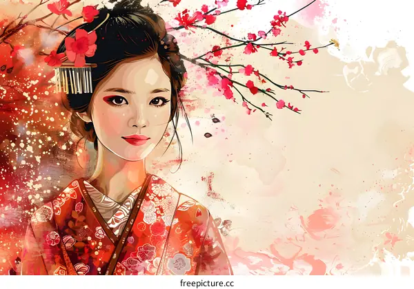 An illustration of a beautiful Japanese woman in a kimono with cherry blossoms in her hair