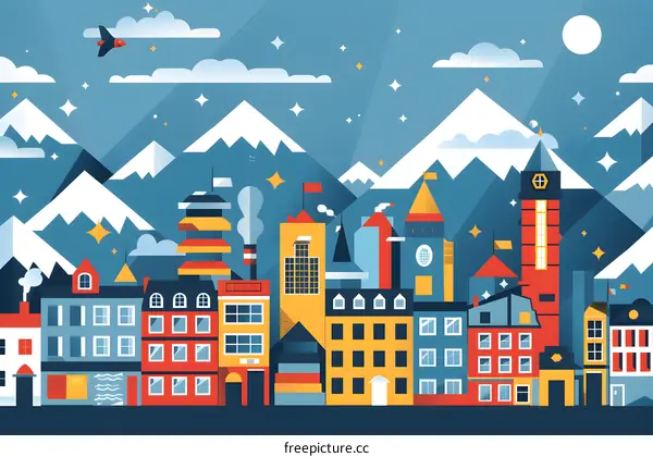 Flat Geometric Cityscape Design With Mountains And Stars Illustration