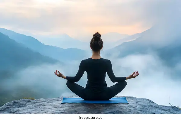 Woman practicing yoga on a mountain with a breathtaking view