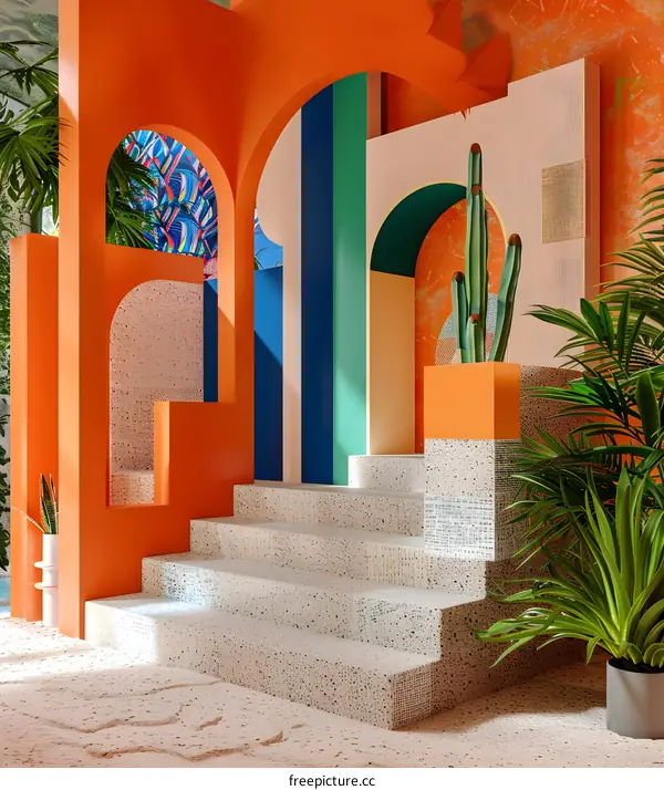 Abstract Interior Design with Orange Walls and Arches
