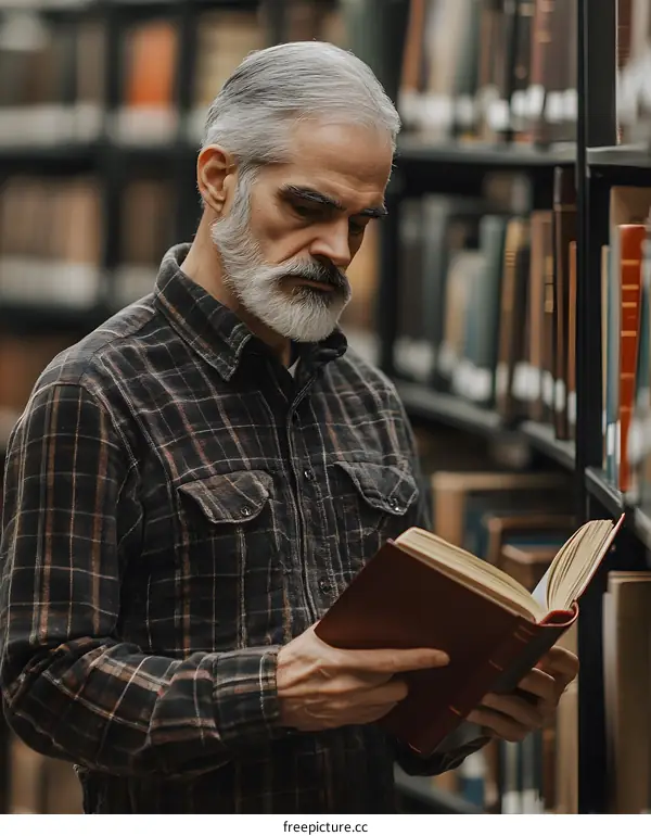 Senior Man Reading Book In Library