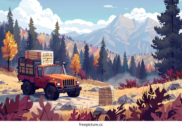 Autumn Mountain Landscape with Off-Road Truck