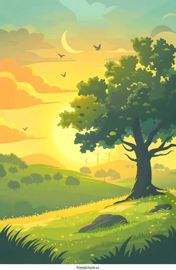 Sunset Landscape with Big Tree and Wind Turbines