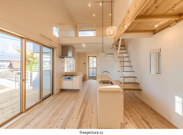 Modern Minimalist Open Plan Kitchen Design with Wooden Beams and a Loft