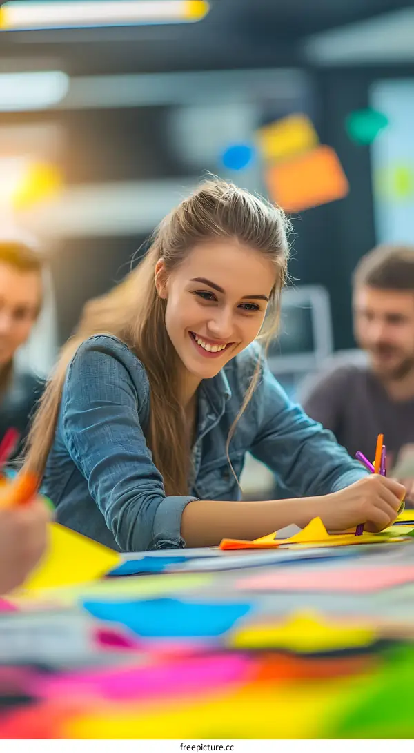 Smiling Woman Working On A Project With Colorful Papers