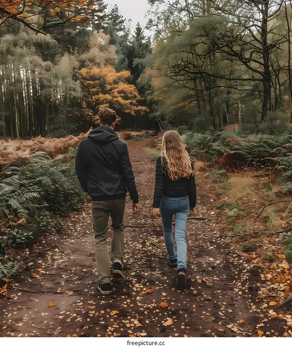 Couple Walking Through Fall Foliage Forest Path