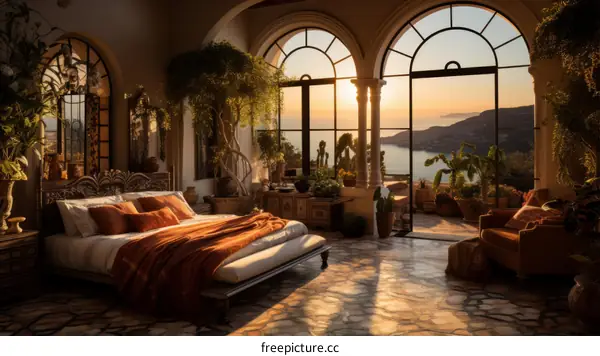 A bedroom with a view of the ocean