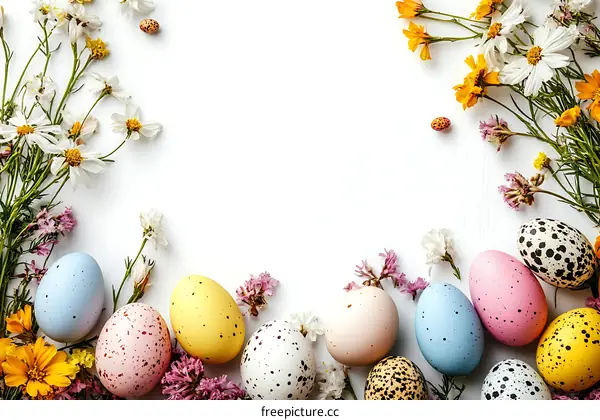 Colorful Easter Eggs and Flowers on White Background