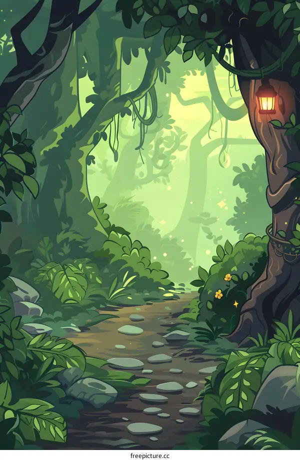 Magical Forest Path With Lantern And Sunbeams
