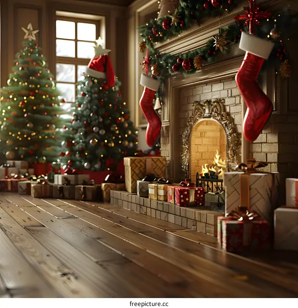 A Christmas tree and presents in front of a fireplace