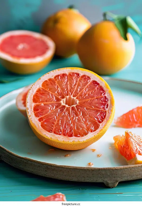 Close Up Of A Sliced Pink Grapefruit On A Plate