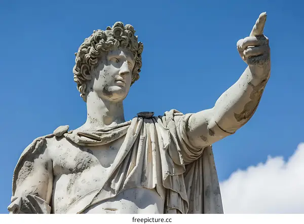Ancient Roman Statue Pointing Upward Against A Blue Sky