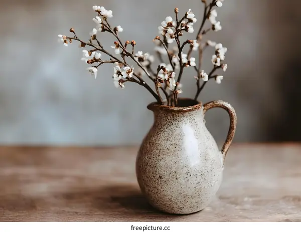 White Flowers in a Ceramic Jug on a Wooden Table