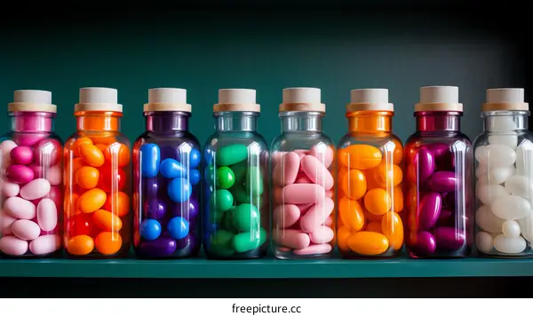 Colorful Medication Bottles on Shelf