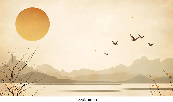 Autumnal Landscape Illustration with Flying Birds