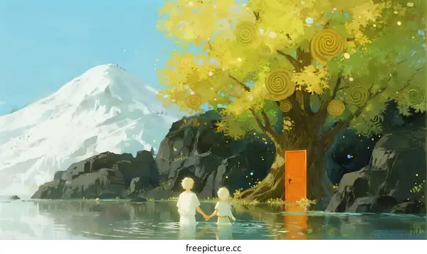 Two Children Standing by a Tree with a Red Door Near Snowy Mountain