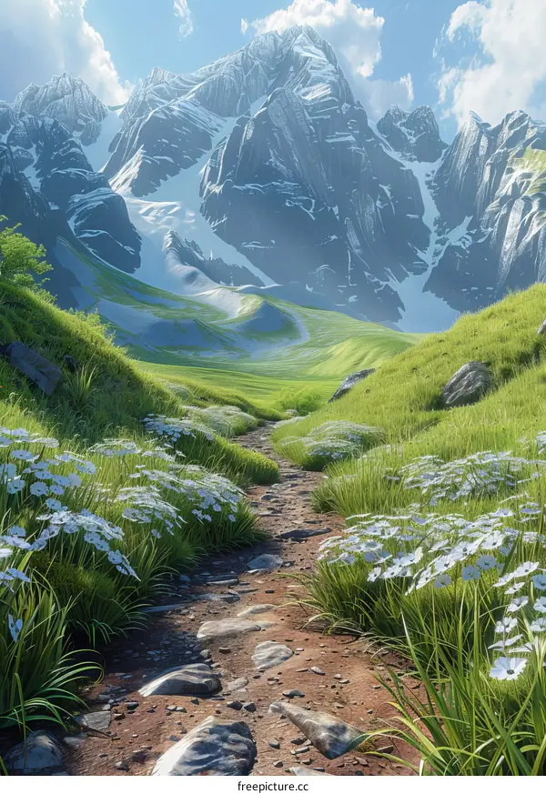 Snowy Mountain Path with Wildflowers