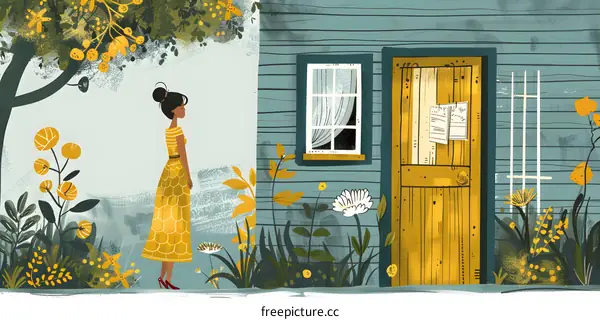 A woman standing in front of a blue house