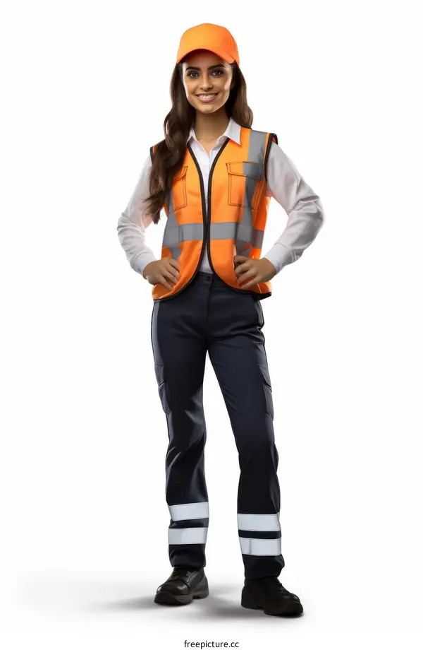 woman in orange vest and cap