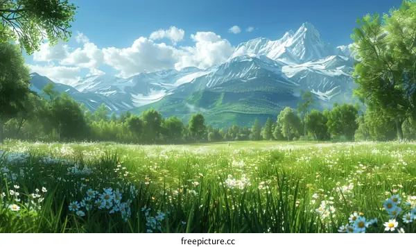 Snow-capped Mountain with Blooming Wildflowers
