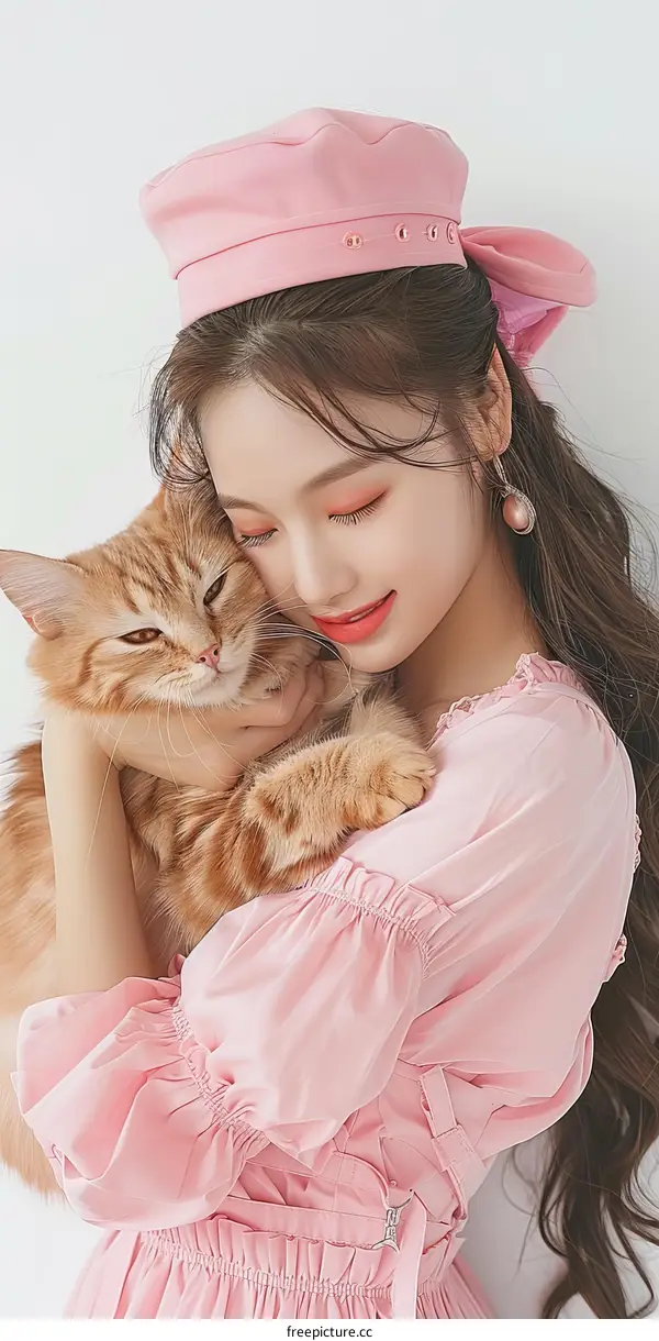 A Young Woman in Pink Holding a Cat