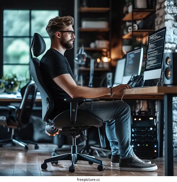 Focused young male software developer sitting at his desk and working on code
