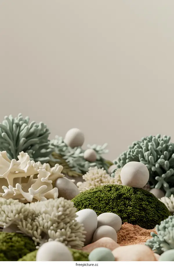 Minimalist 3D Render of White Coral and Moss