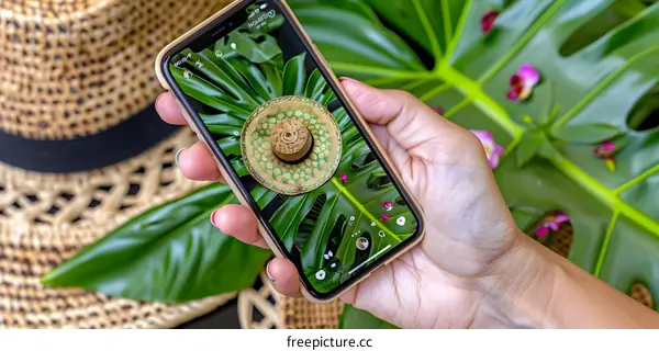 Hand Holding Phone with Hat on Screen and Green Leaves Background