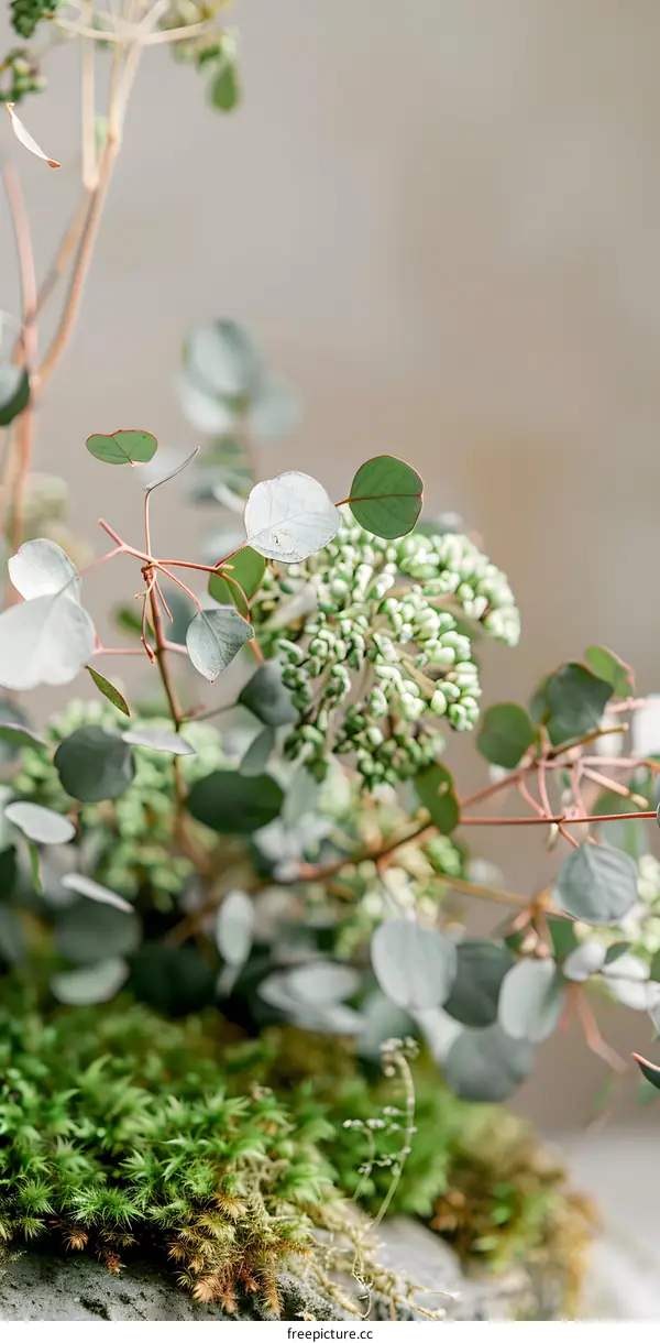 Close Up of Eucalyptus Leaves and Moss