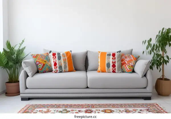 A sofa with colorful pillows and a carpet in front of it.