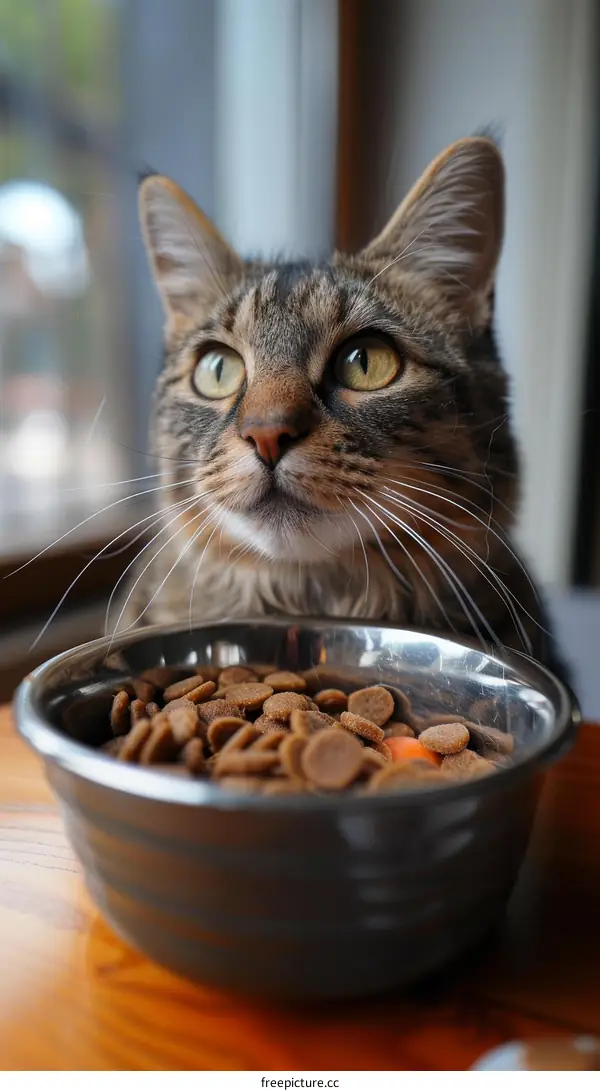 Cat looks at a bowl of food