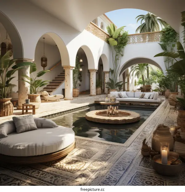 Courtyard with a pool and a seating area