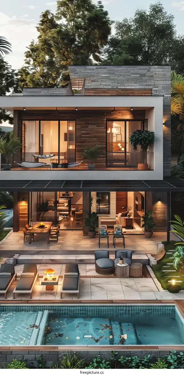 Modern Home with Lush Green Yard and Sparkling Pool