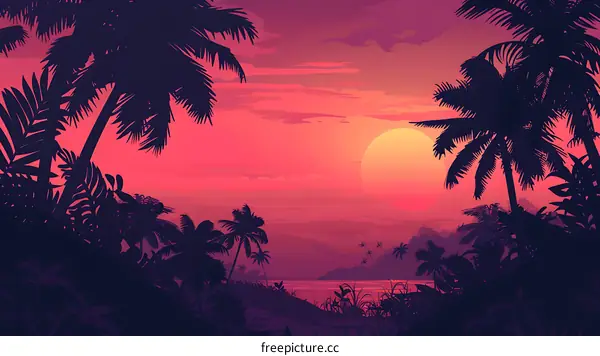 Tropical Sunset Silhouette Palm Trees Illustration