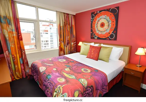 Modern Bedroom Interior with Red Walls and Colorful Bedding