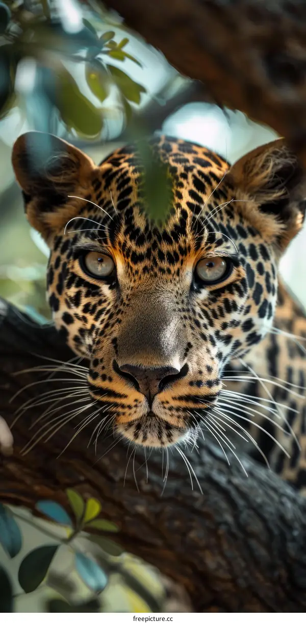 A leopard stares down from a tree