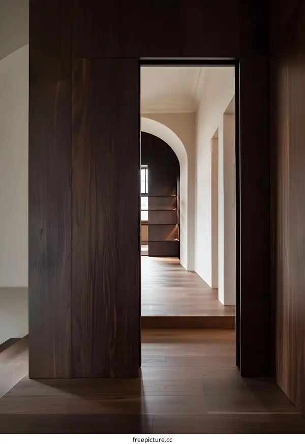 Modern Interior Design with Wooden Wall and Arched Hallway